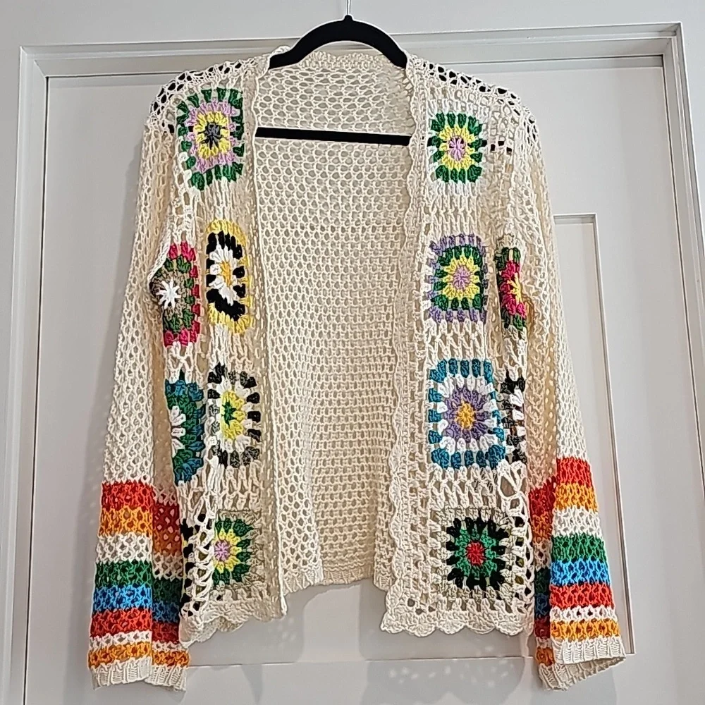 NWOT Boho crochet bell sleeve Granny squares open front sweater. Oversized S - Picture 3 of 10